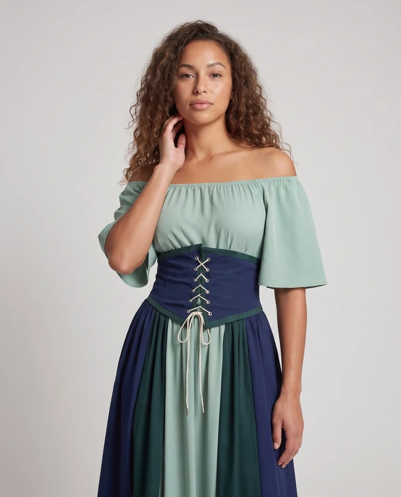 Damen Elegante Maxikleid mit Rüschentop und Hohem Taillenbund
