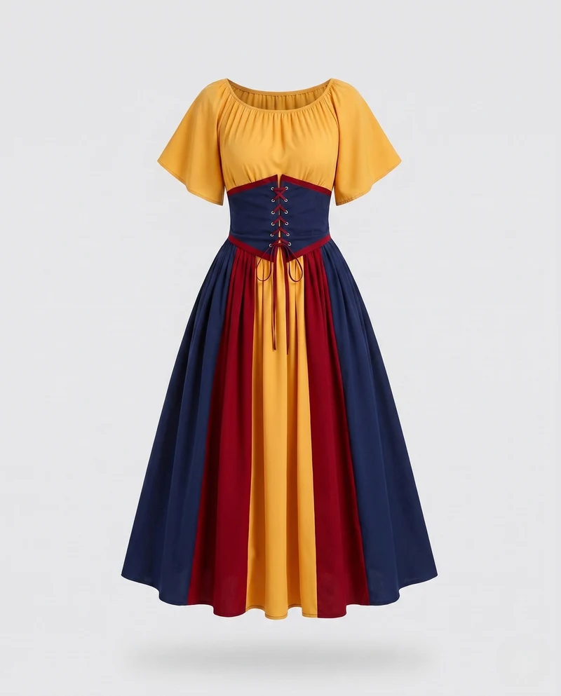 Damen Elegante Maxikleid mit Rüschentop und Hohem Taillenbund