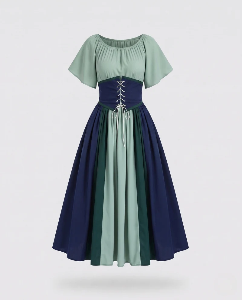 Damen Elegante Maxikleid mit Rüschentop und Hohem Taillenbund