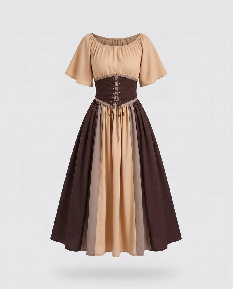 Damen Elegante Maxikleid mit Rüschentop und Hohem Taillenbund