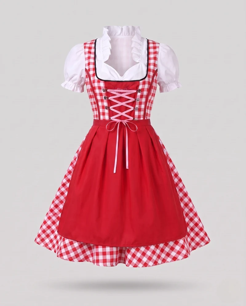 Frauen traditionelles Kleid mit kariertem Oberteil und eleganten Rüschendetails Nord Taschen