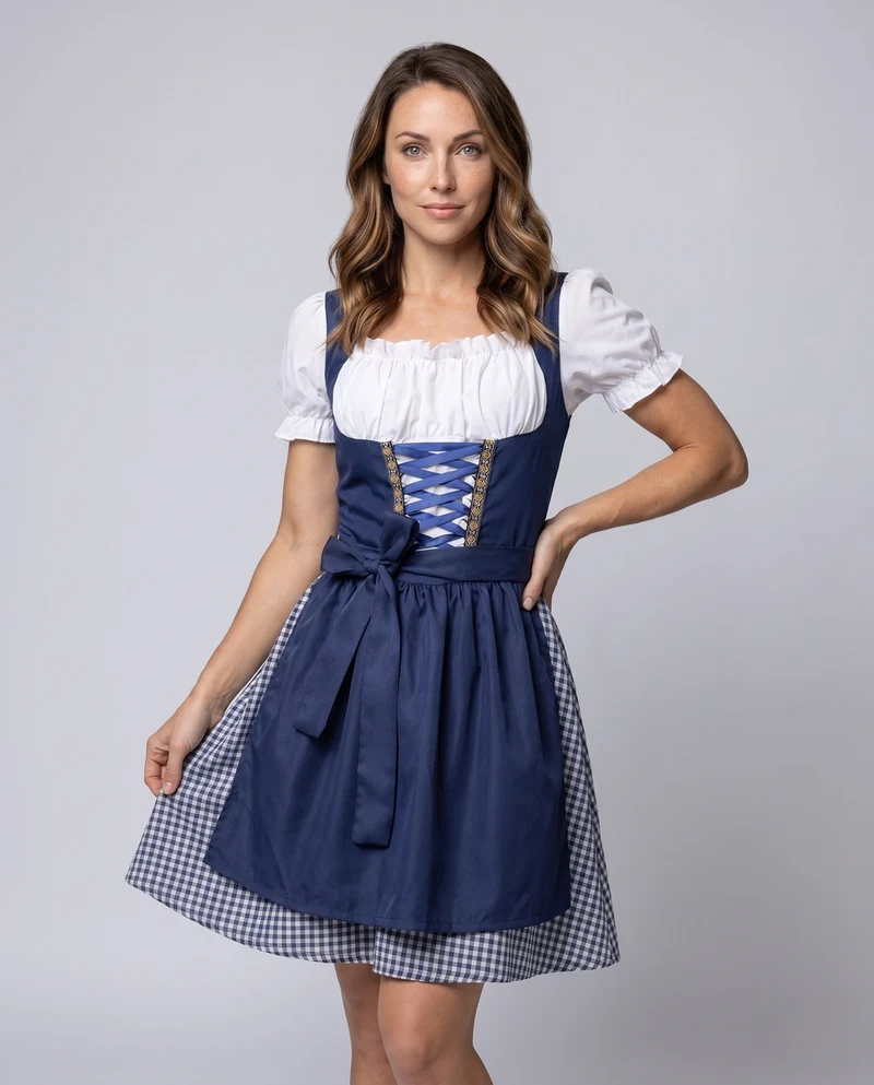 Damen Trachten Dirndl Kleid mit Rüschen und Karodetails Nord Taschen
