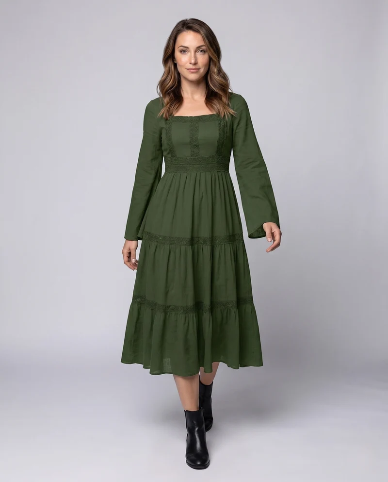 Damen Romantisches Boho Maxi Kleid mit Weiten Ärmeln und Spitzenakzenten Nord Taschen