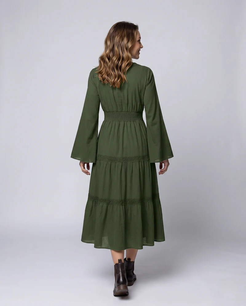 Damen Romantisches Boho Maxi Kleid mit Weiten Ärmeln und Spitzenakzenten Nord Taschen