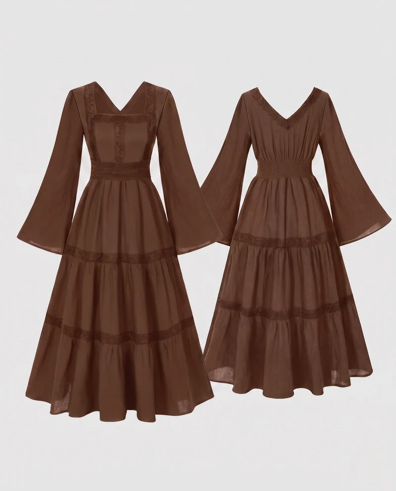 Damen Romantisches Boho Maxi Kleid mit Weiten Ärmeln und Spitzenakzenten Nord Taschen
