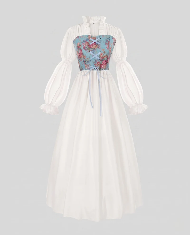 Damen romantisches Maxikleid mit floralem Design und transparenten Puffärmeln Nord Taschen