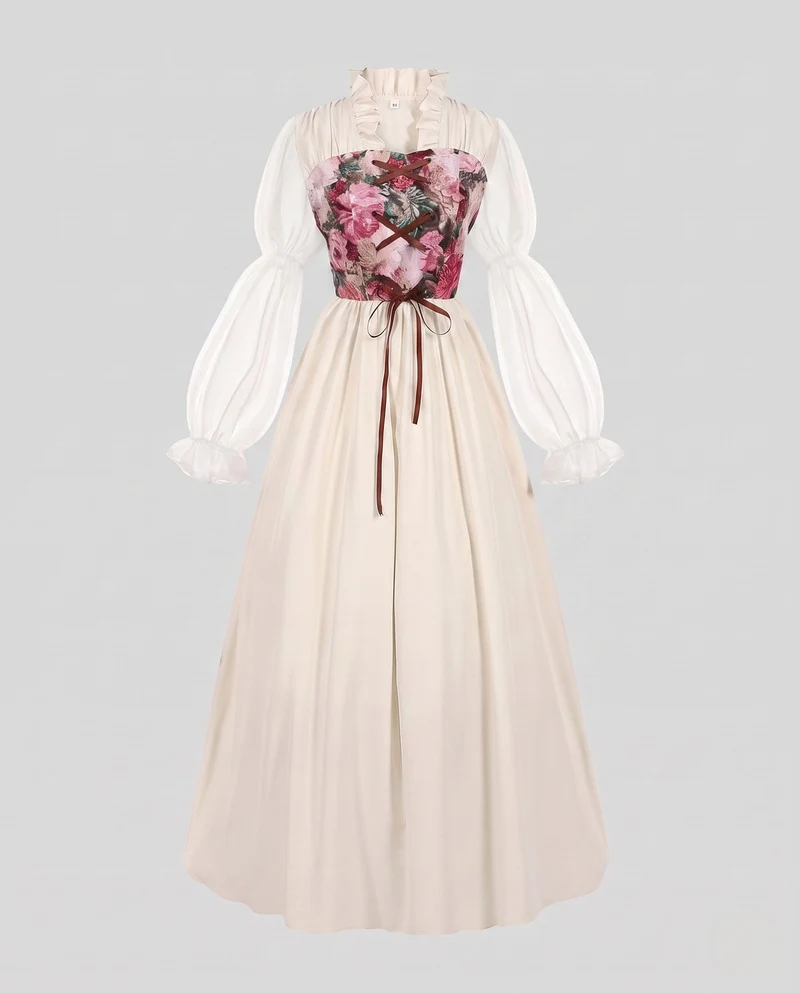 Damen romantisches Maxikleid mit floralem Design und transparenten Puffärmeln Nord Taschen