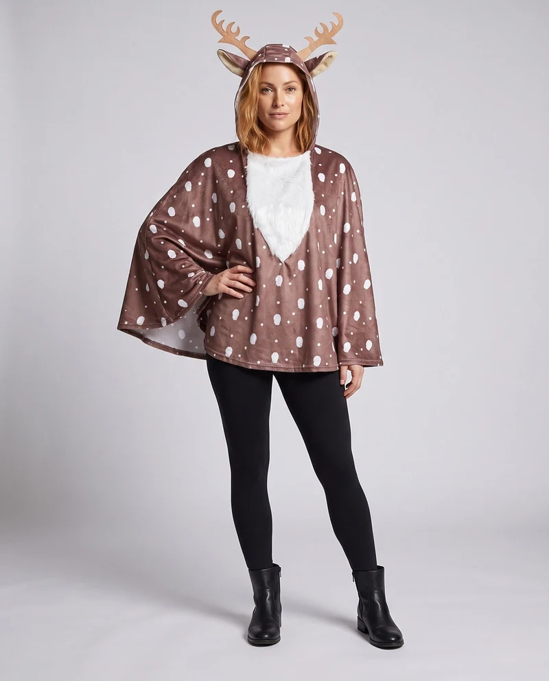 Damen Tierkostüm als reindeer-ähnliches Poncho mit Kapuze und 3D Geweihen Nord Taschen