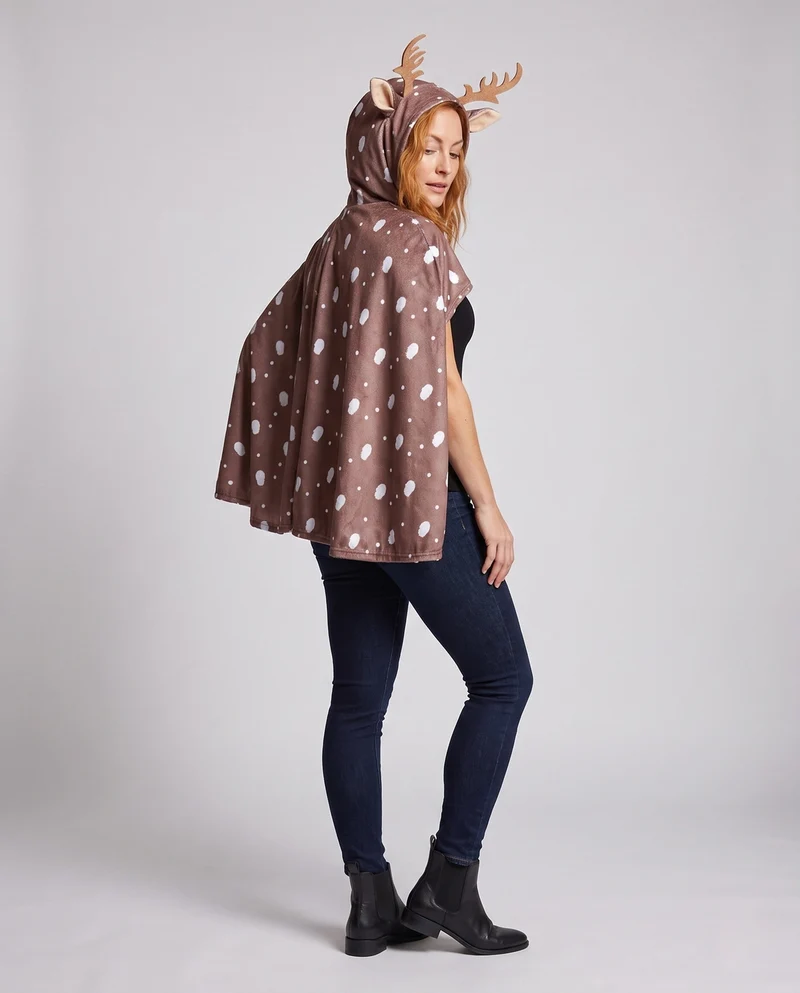 Damen Tierkostüm als reindeer-ähnliches Poncho mit Kapuze und 3D Geweihen Nord Taschen
