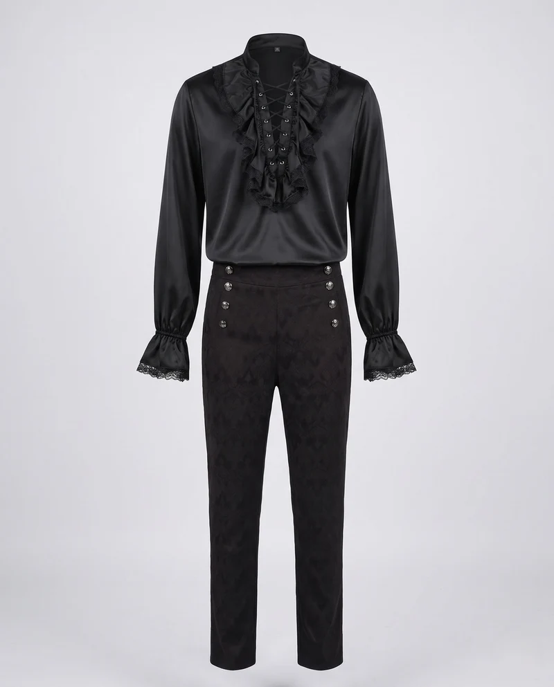 Damen Historisches Rüschenshirt mit Knopfleiste und Elegante Hose Nord Taschen