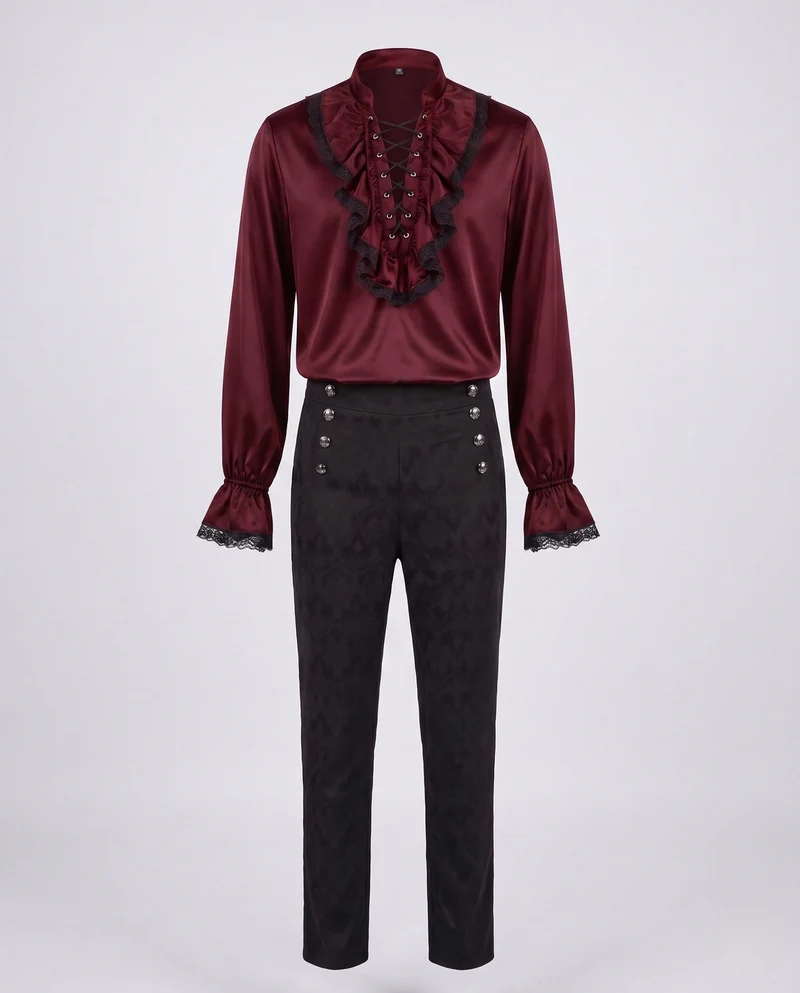 Damen Historisches Rüschenshirt mit Knopfleiste und Elegante Hose Nord Taschen