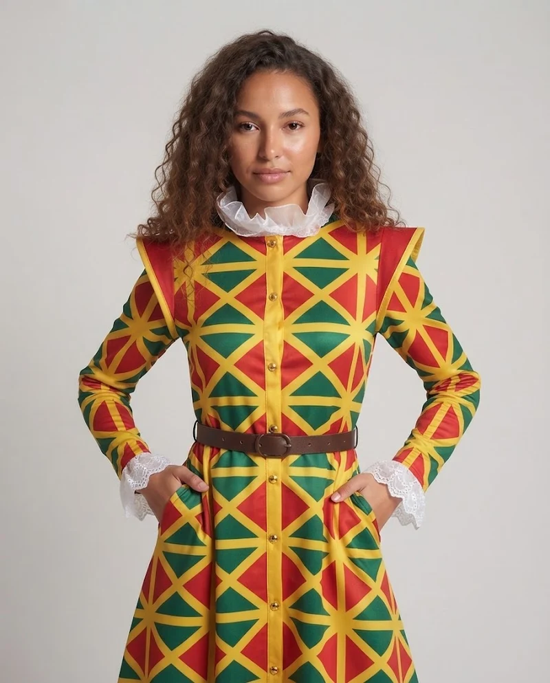 Damen Karneval Kostüm mit buntem Oberteil, Hose und Kragen Nord Taschen