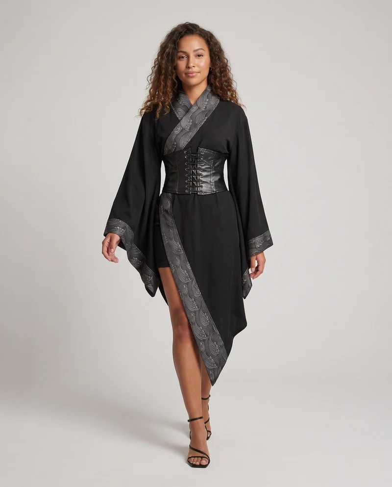 Damen Kimono-Stil Mantel mit aufwendigem Gürtel und weitem Ärmel Nord Taschen