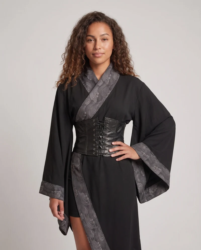 Damen Kimono-Stil Mantel mit aufwendigem Gürtel und weitem Ärmel Nord Taschen