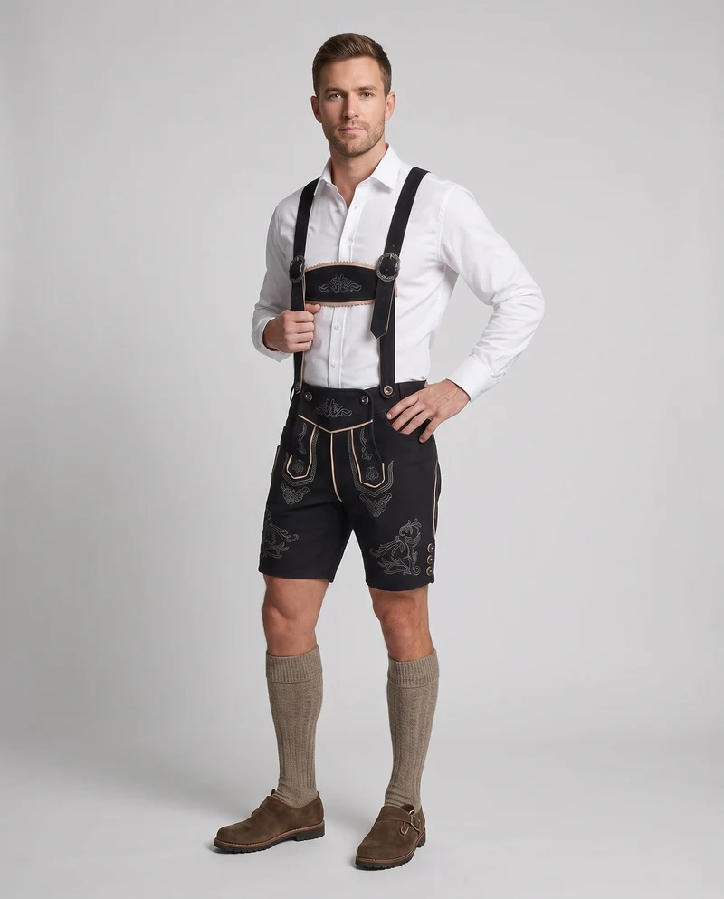 Herren stilvolle traditionelle Lederhosen mit aufwendiger Stickerei Nord Taschen