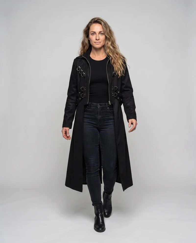 Damen eleganter Kapuzenmantel mit aufwändigen Schnallen und femininer Silhouette Nord Taschen