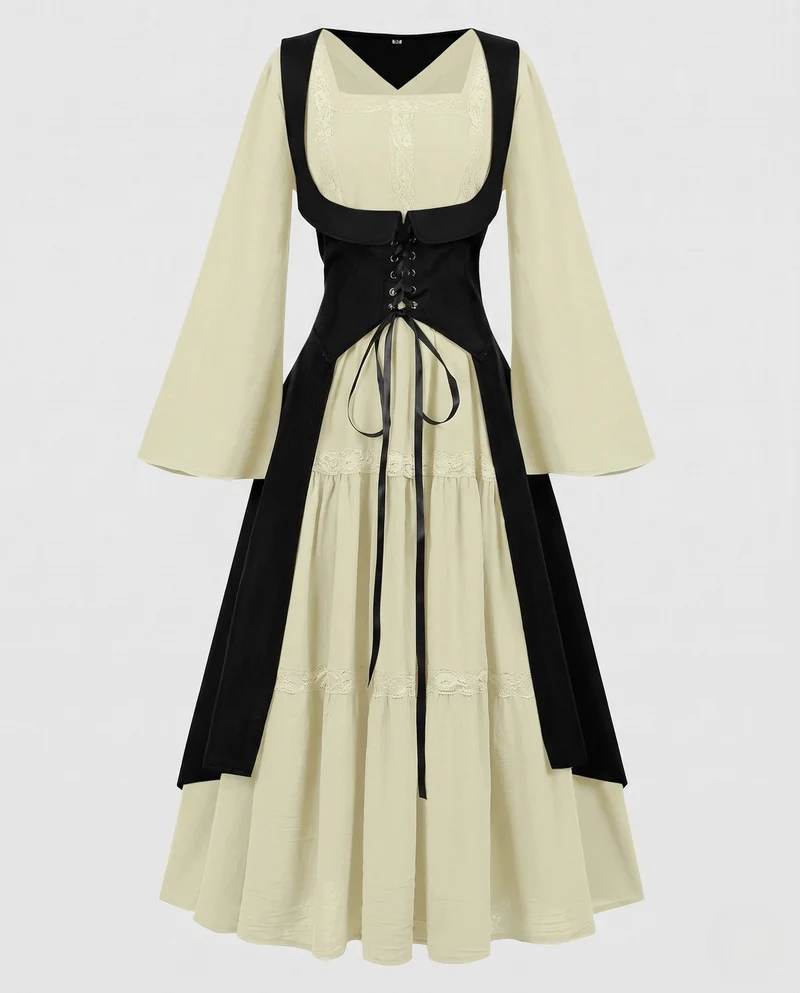 Damen Langkleid mit künstlerischem Ausschnitt und nostalgischen Schnürdetails Nord Taschen