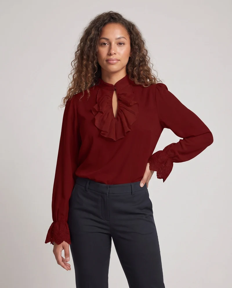 Damen elegante Bluse mit Rüschendetails und subtiler Spitze dekorativen Nord Taschen