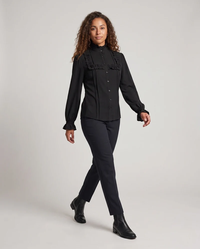 Damen elegante Bluse mit Rüschendetails und Stehkragen Nord Taschen