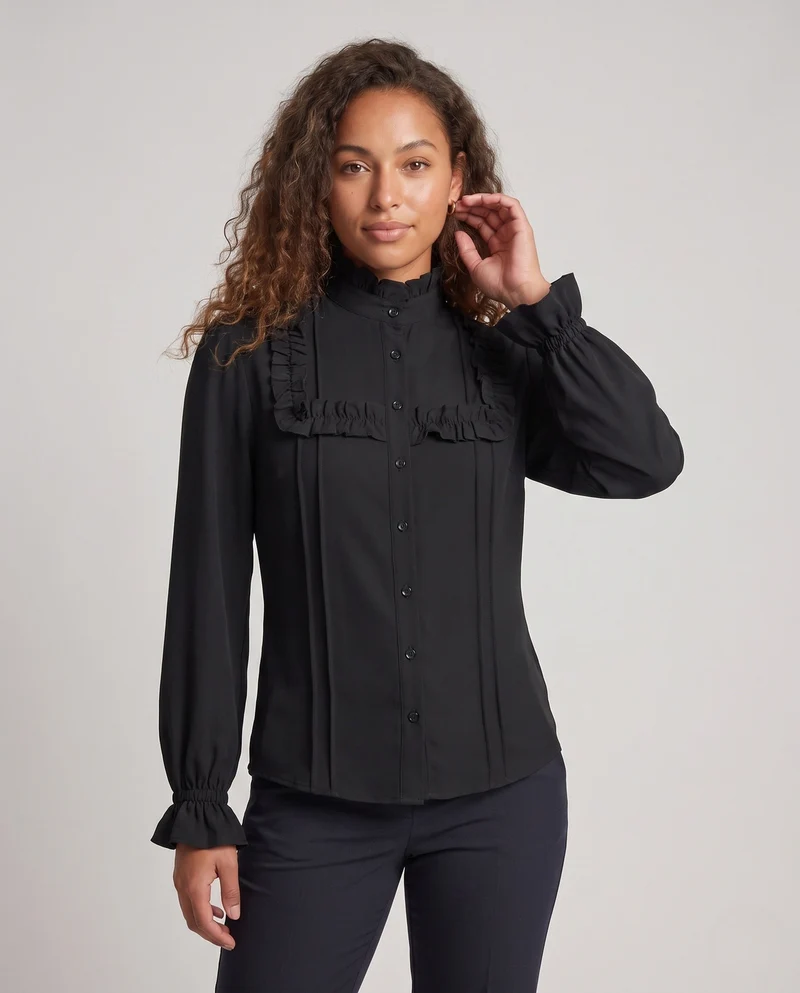 Damen elegante Bluse mit Rüschendetails und Stehkragen Nord Taschen
