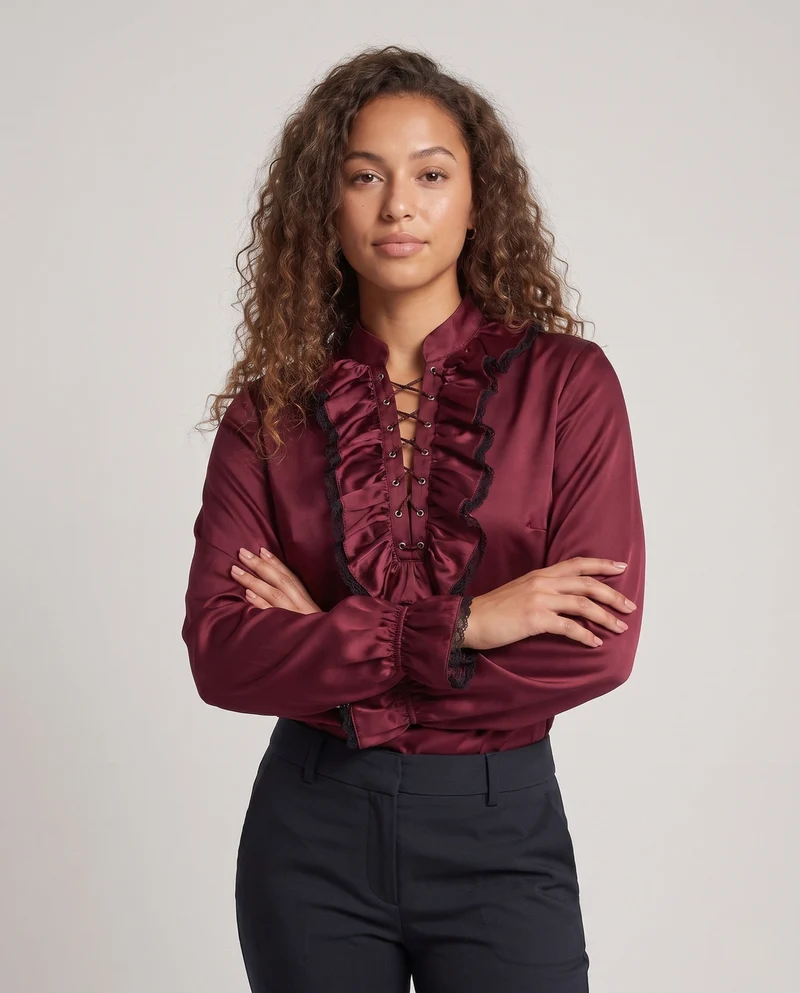 Damen elegante Freizeitbluse mit Rüschendetails und Schnürung Nord Taschen