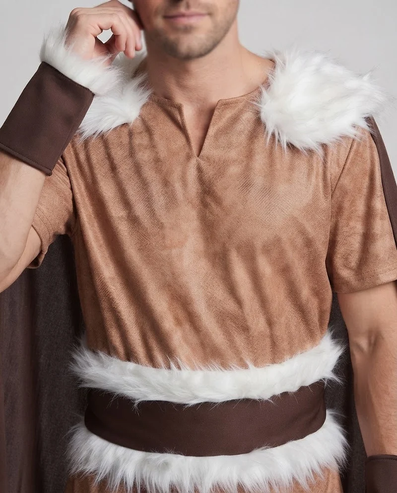 Männer Viking Kostüm mit Kapuze und Fellverzierung Nord Taschen