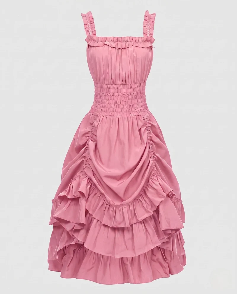 Damen Rüsch Maxi Kleid mit elastischem Oberteil und voluminösem Rock Nord Taschen