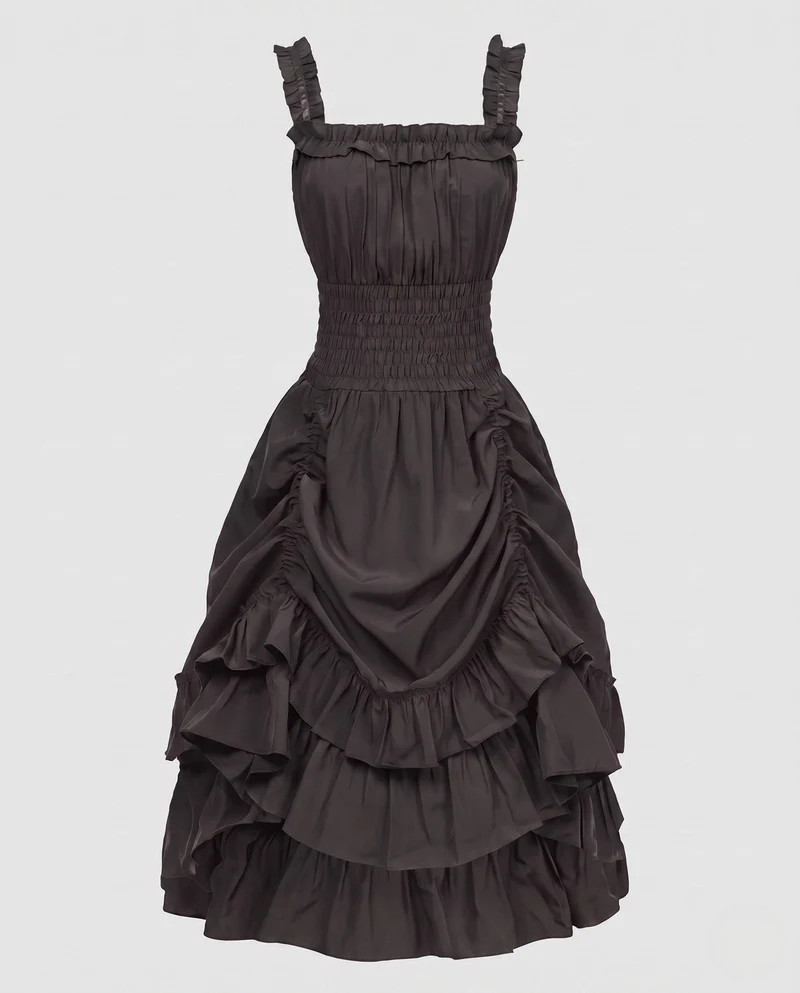 Damen Rüsch Maxi Kleid mit elastischem Oberteil und voluminösem Rock Nord Taschen