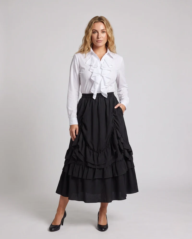 Damen Rüschenshirt mit voluminösem Maxikleid Nord Taschen