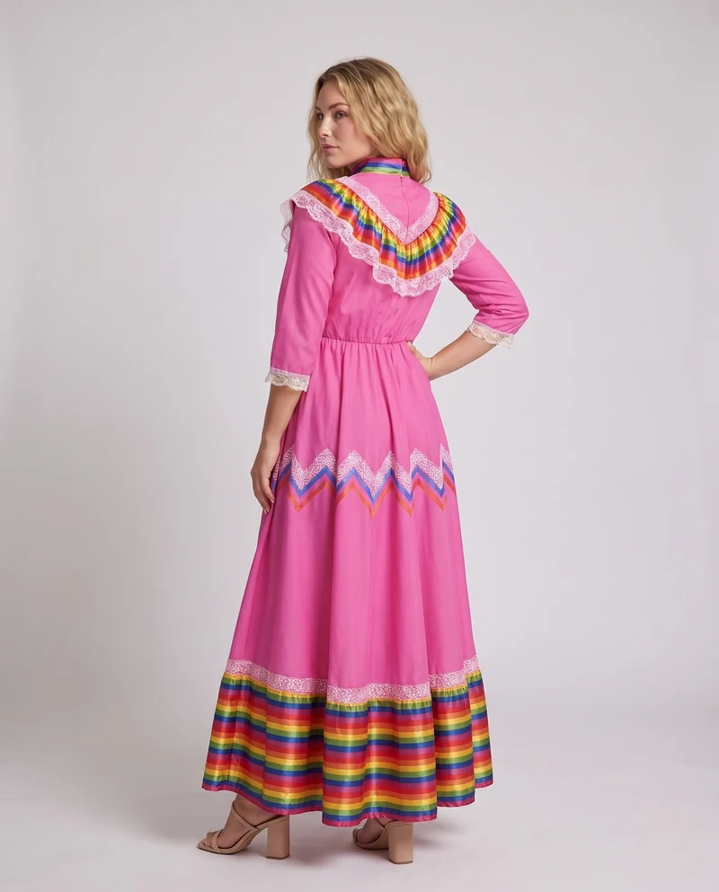 Frauen traditionelle Kleid mit buntem Saum und Spitzenverzierungen Nord Taschen