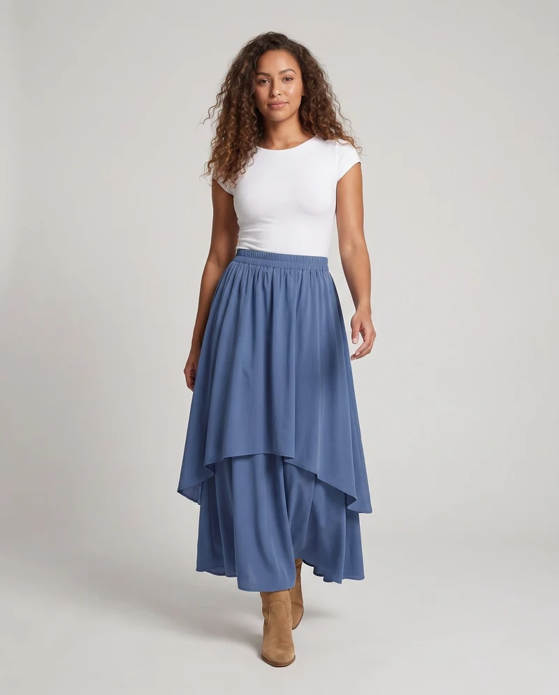 Damen elegante zweilagige Maxirock mit fließendem Schnitt und elastischem Bund Nord Taschen