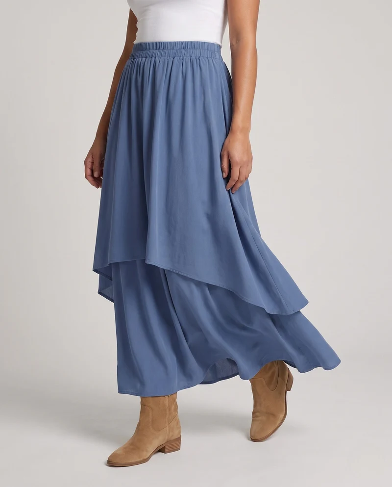 Damen elegante zweilagige Maxirock mit fließendem Schnitt und elastischem Bund Nord Taschen