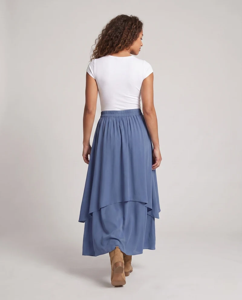 Damen elegante zweilagige Maxirock mit fließendem Schnitt und elastischem Bund Nord Taschen