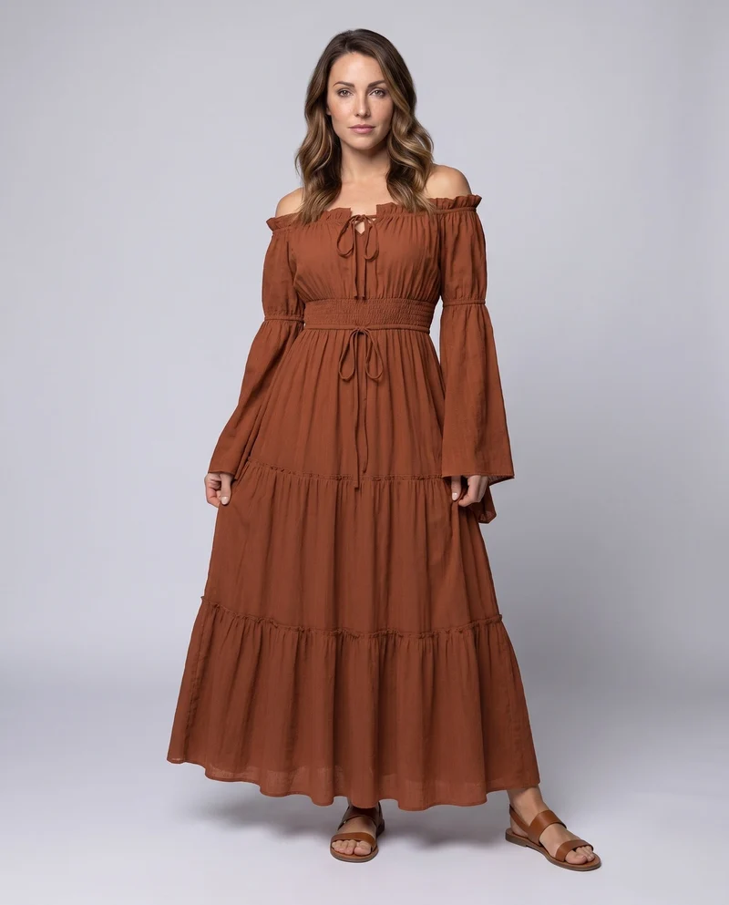 Damen Maxi Kleid mit luftigen Puffärmeln und elastischem Taillengürtel Nord Taschen