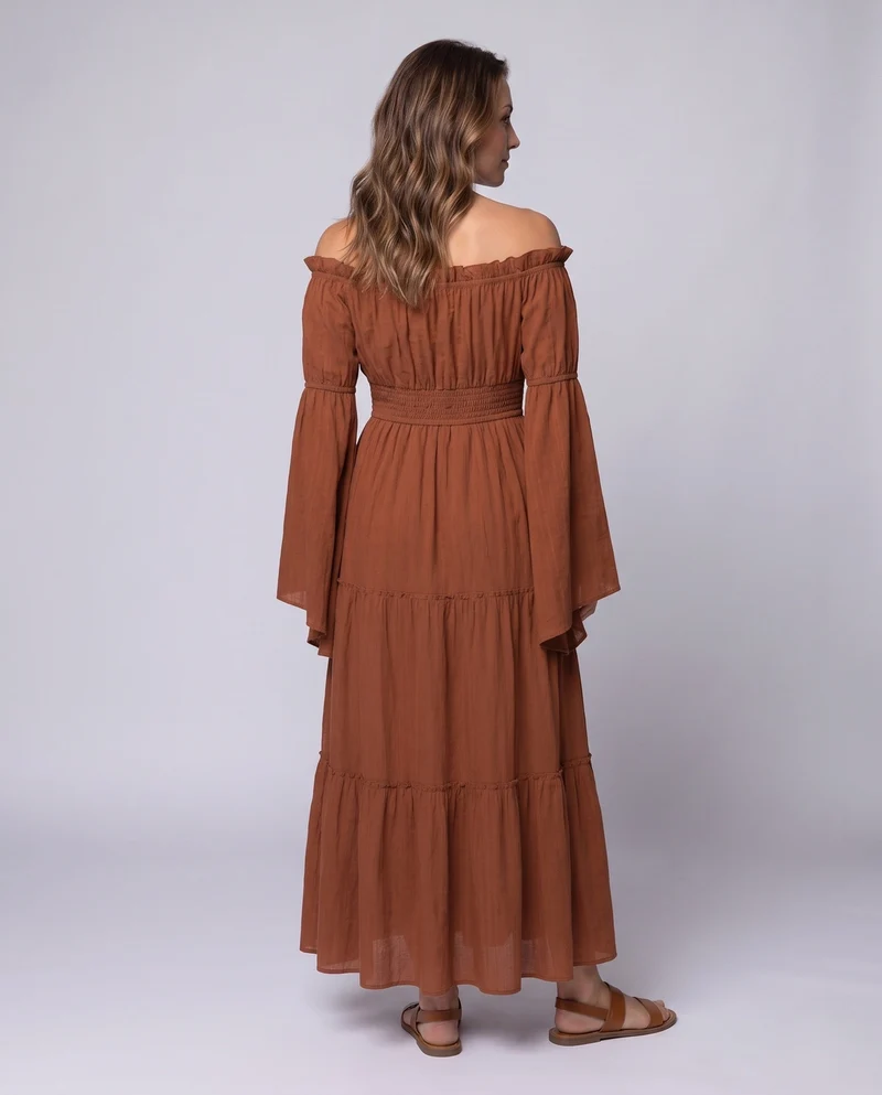 Damen Maxi Kleid mit luftigen Puffärmeln und elastischem Taillengürtel Nord Taschen