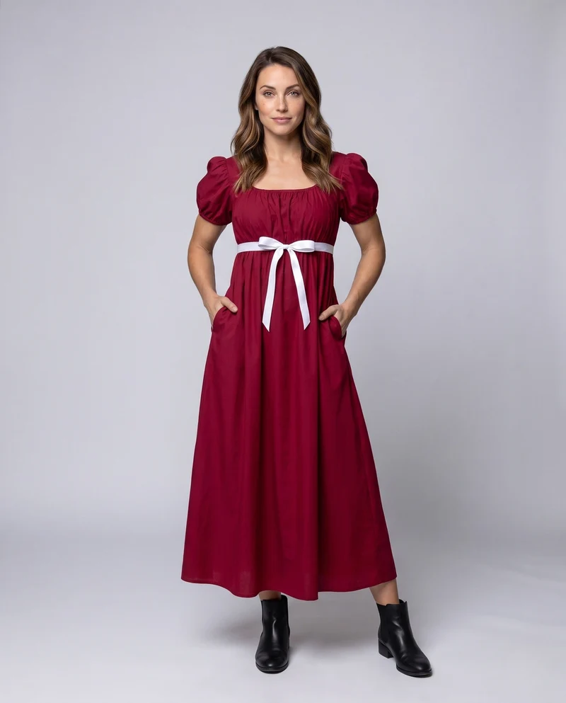Damen Maxikleid mit elastischen Puffärmeln und verstellbarem Taillenbund Nord Taschen