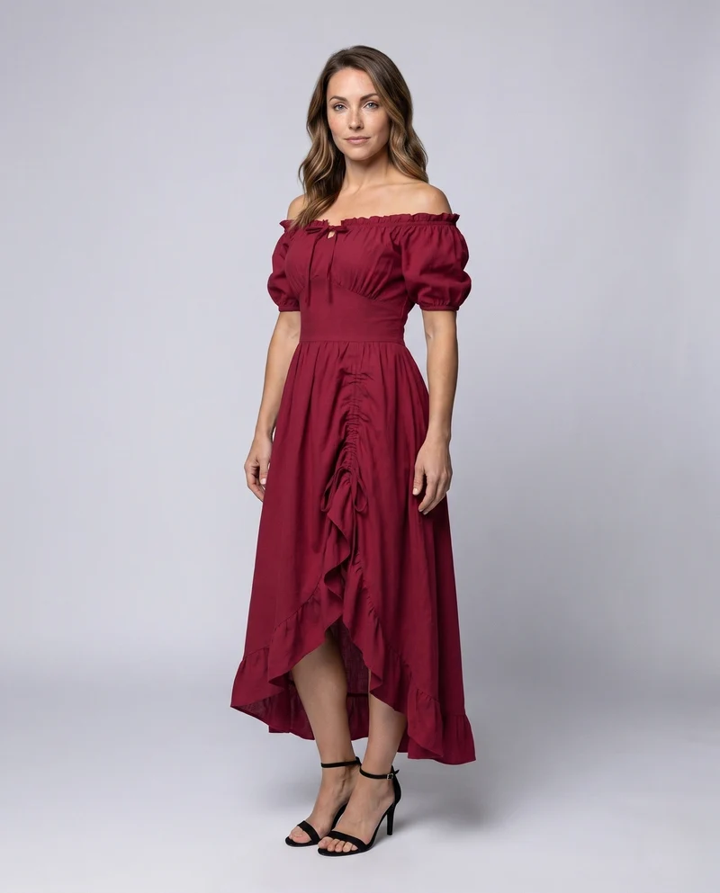 Damen Maxikleid mit schulterfreien Puffärmeln und Rüschendetails Nord Taschen