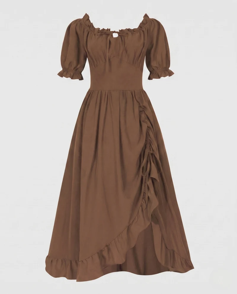 Damen Maxikleid mit schulterfreien Puffärmeln und Rüschendetails Nord Taschen