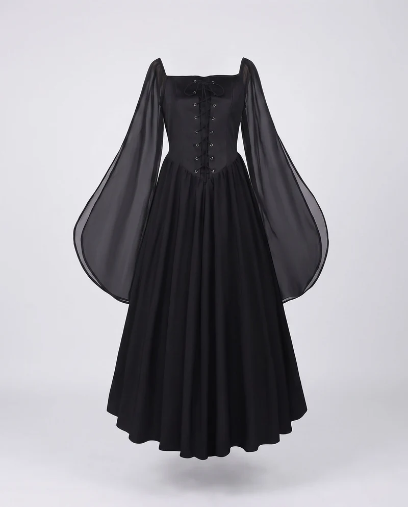 Damen Maxikleid mit transparenten Ärmeln und Schnürdetails Nord Taschen