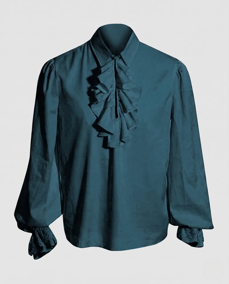Damen elegante Rüschbluse mit feinem Stehkragen und aufwendigen Ärmelbündchen Nord Taschen