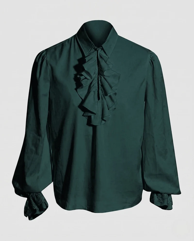 Damen elegante Rüschbluse mit feinem Stehkragen und aufwendigen Ärmelbündchen Nord Taschen