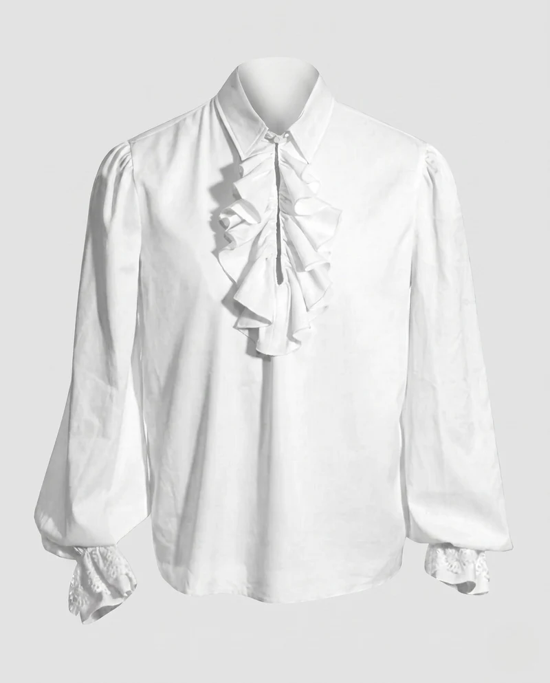 Damen elegante Rüschbluse mit feinem Stehkragen und aufwendigen Ärmelbündchen Nord Taschen