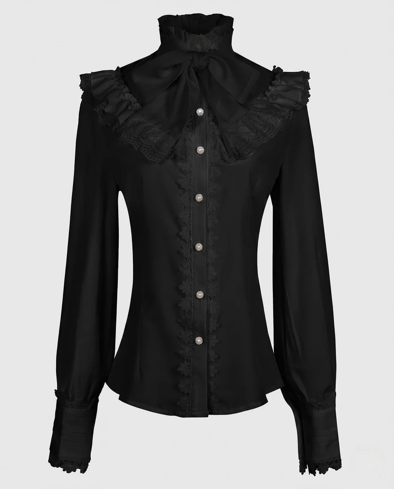 Damen elegante Rüschbluse mit hohem Kragen und verzierten Knopfblende Nord Taschen