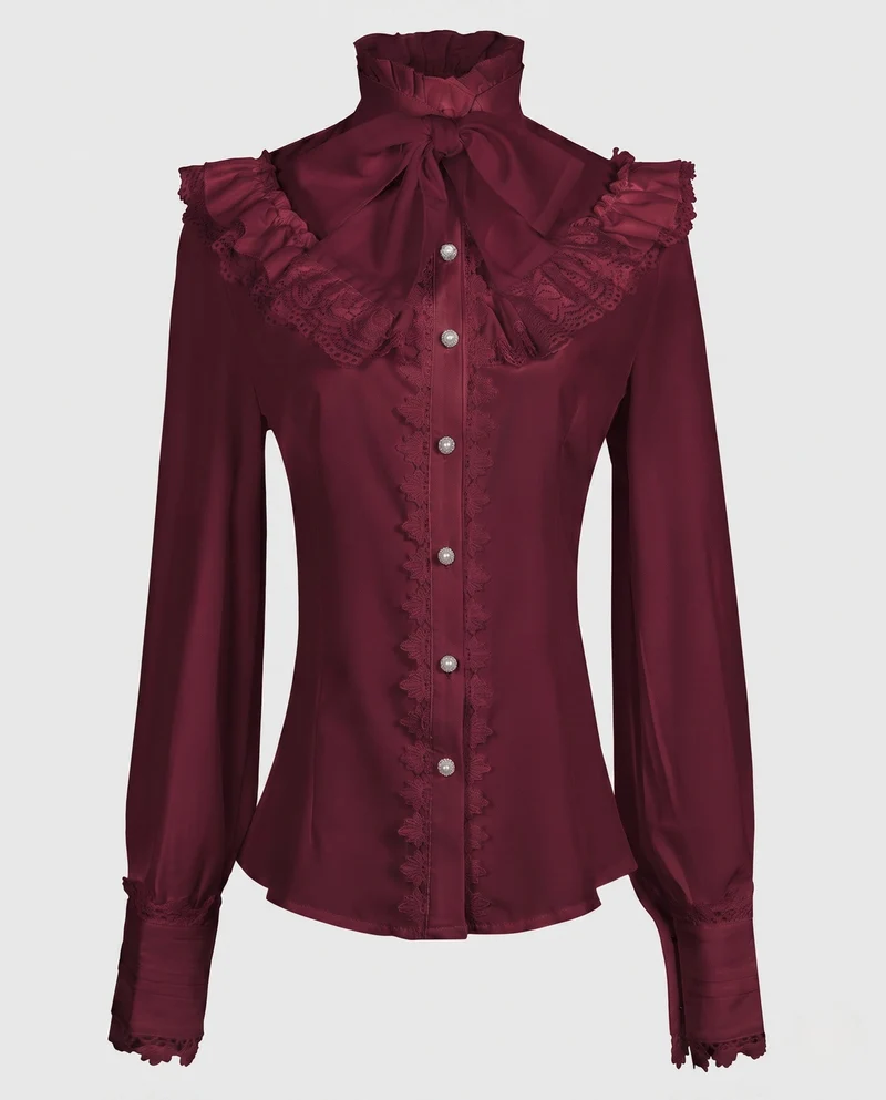 Damen elegante Rüschbluse mit hohem Kragen und verzierten Knopfblende Nord Taschen