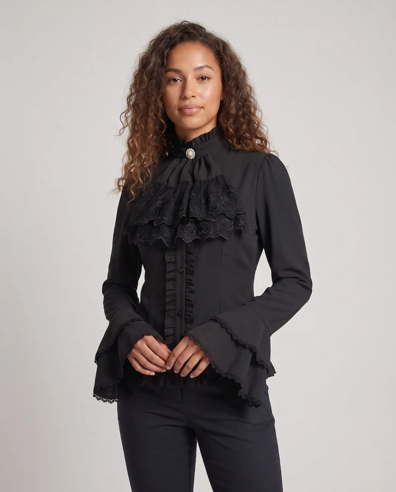 Damen elegante Rüschbluse mit hohem Kragen und Spitzenakzenten Nord Taschen