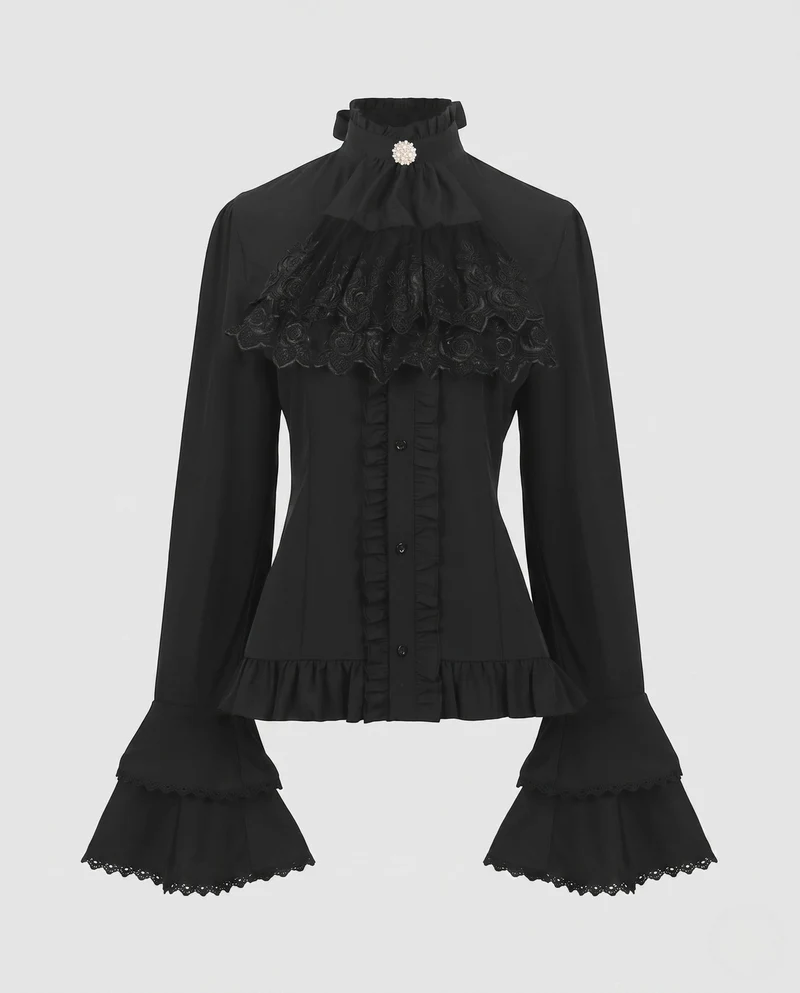 Damen elegante Rüschbluse mit hohem Kragen und Spitzenakzenten Nord Taschen