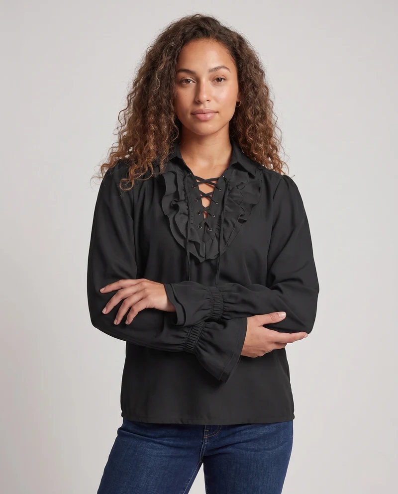 Damen elegante Rüschbluse mit Schnürverschluss und voluminösen Ärmeln Nord Taschen