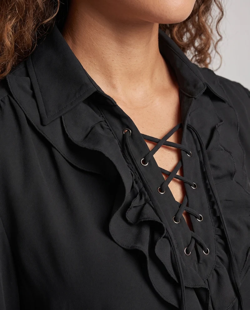 Damen elegante Rüschbluse mit Schnürverschluss und voluminösen Ärmeln Nord Taschen