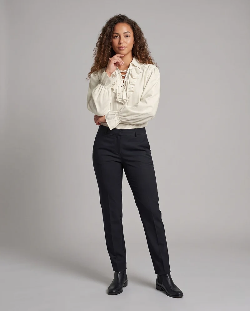 Damen elegante Rüschbluse mit Schnüren und voluminösen Ärmeln Nord Taschen