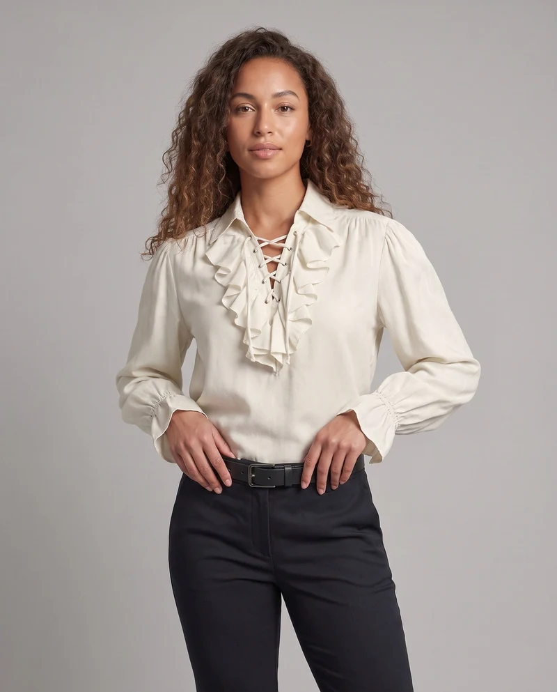 Damen elegante Rüschbluse mit Schnüren und voluminösen Ärmeln Nord Taschen